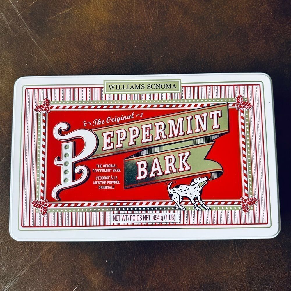 Williams Sonoma Peppermint Bark Vintage Candy Cane Christmas Tin Decor